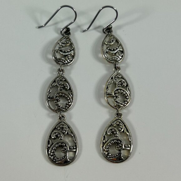 Silver Tone Earrings Triple Tier Teardrop Dangle Open Work Ornate 2.5" Drop - Picture 2 of 7